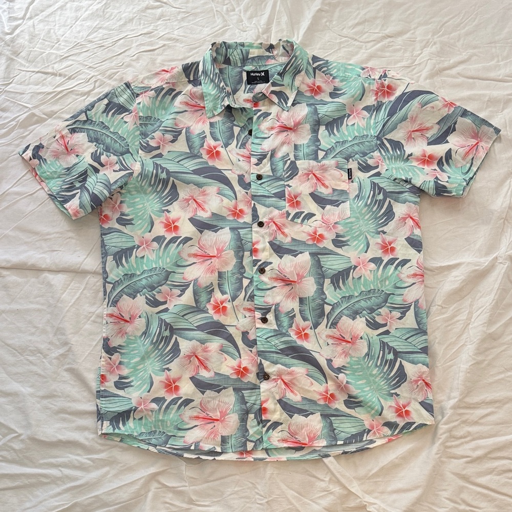 Hurley Floral Leaf Men's Shirt - Green and Pink